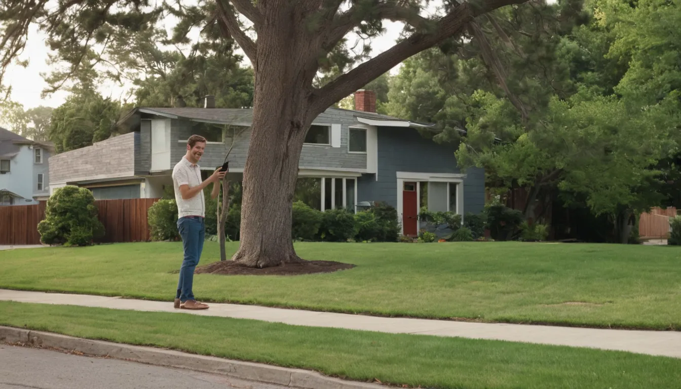 Homeowner taking photos of a leaning tree from a safe distance in the Menifee area