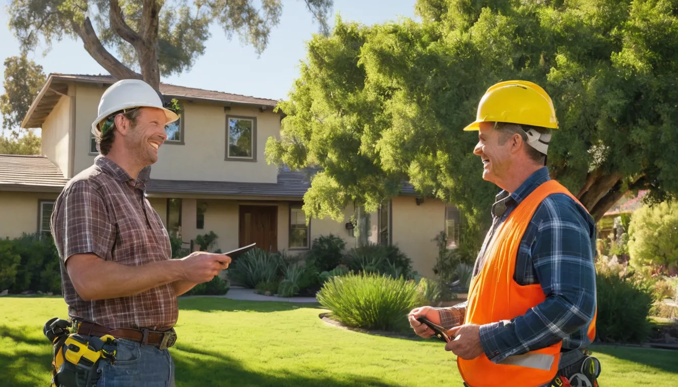 A tree removal provider checking a large backyard tree beside a stucco home in Menifee